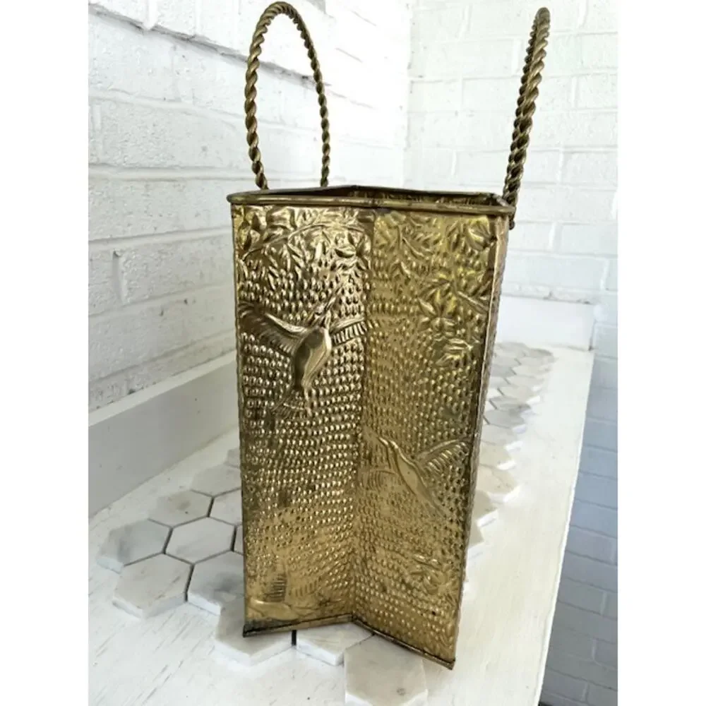 Vintage Embossed Brass Magazine Rack Hummingbird Floral Twisted Handles